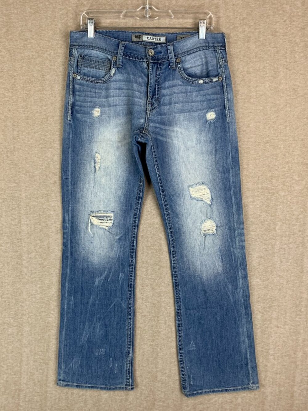 BKE Carter Jeans Mens 31x30 Bootcut Blue Buckle Distressed Faded Denim Embroider